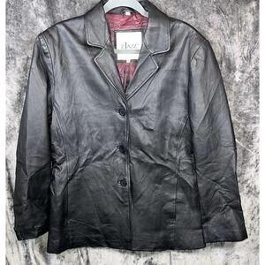 Zjazz Women’s Black Genuine Leather Blazer Jacket L Button Front Lined
